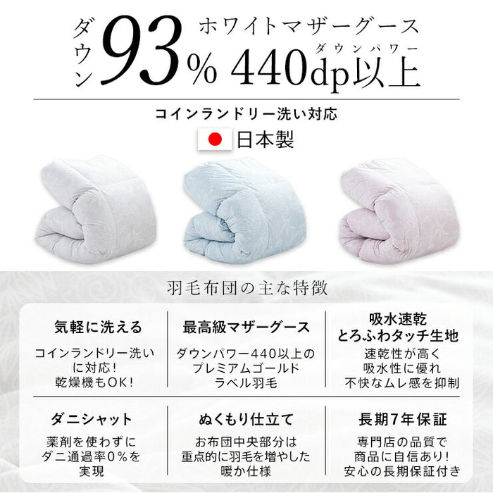 マザーグース 羽毛布団 洗える ランドリッシュ グース ダウン 93％ 440dp 7年保証 掛け布団 羽毛掛け布団 羽毛ふとん 日本製 立体キルト プレミアムゴールド ラベル 暖かい あったか コインランドリー