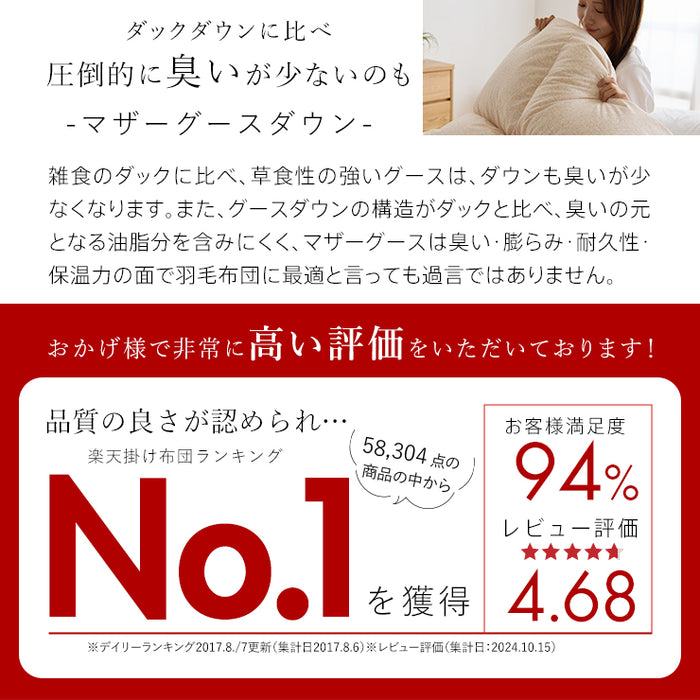 マザーグース 羽毛布団 布団カバー付 マザーホワイトグースダウン93％ 420dp 羽毛掛け布団 羽毛ふとん 昭和西川 日本製 立体キルト 超長綿60サテン生地