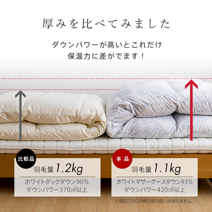 マザーグース 羽毛布団 布団カバー付 マザーホワイトグースダウン93％ 420dp 羽毛掛け布団 羽毛ふとん 昭和西川 日本製 立体キルト 超長綿60サテン生地
