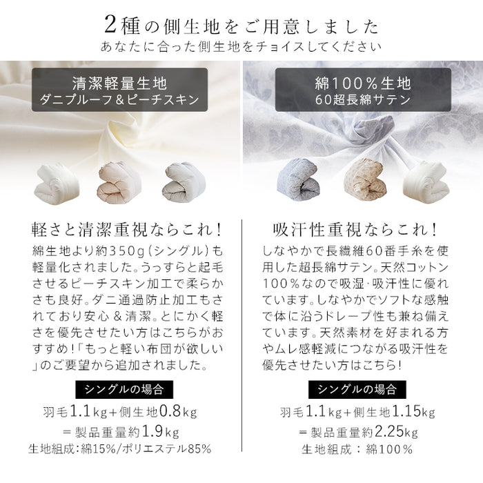 マザーグース 羽毛布団 布団カバー付 マザーホワイトグースダウン93％ 420dp 羽毛掛け布団 羽毛ふとん 昭和西川 日本製 立体キルト 超長綿60サテン生地