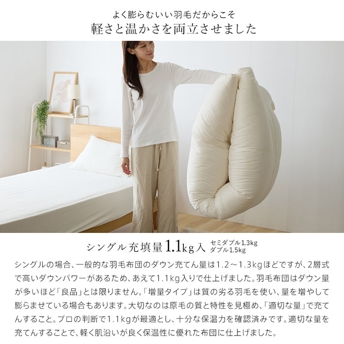 羽毛布団 二層式 セミダブル ポーランド産ホワイトマザーグース95％ マザーグース ポーリッシュ ポーランド 420dp 超柔らか軽量生地 ツインキルト 羽毛掛け布団 羽毛ふとん 日本製 京都金桝