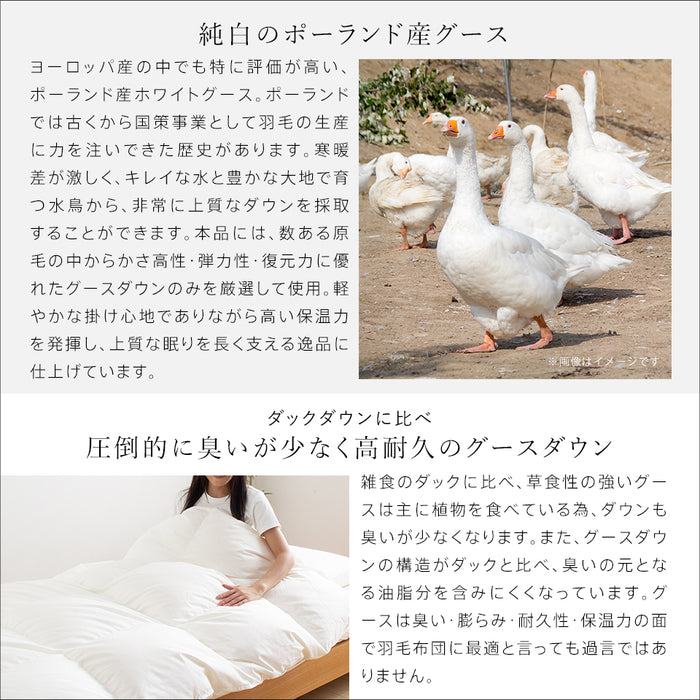 ポーランド産ホワイトグースダウン 羽毛布団 選べる ダウン 93% DP400 90% DP370 側生地 綿100% 80超長綿 サテン ファインマイクロ 羽毛量 通常 増量 清浄度3倍 羽毛掛け布団 羽毛ふとん 日本製 立体キルト