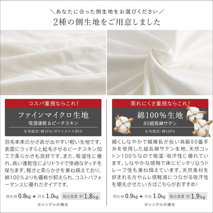 ポーランド産ホワイトグースダウン 羽毛布団 選べる ダウン 93% DP400 90% DP370 側生地 綿100% 80超長綿 サテン ファインマイクロ 羽毛量 通常 増量 清浄度3倍 羽毛掛け布団 羽毛ふとん 日本製 立体キルト