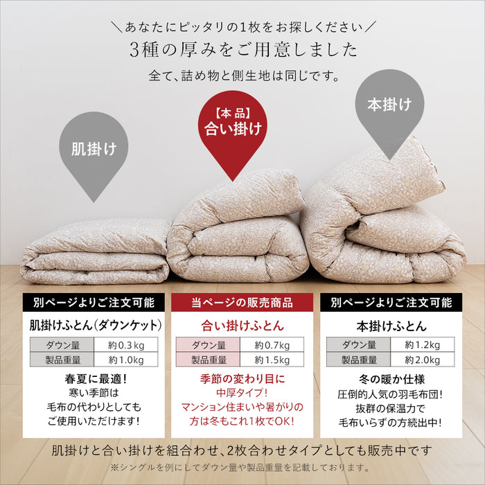 羽毛合掛け布団 ホワイトダウン93％ 5年保証 羽毛 合掛け布団 シングル セミダブル ダブル 400dp マンションタイプ 羽毛布団 合い掛け 羽毛合い 日本製 立体キルト