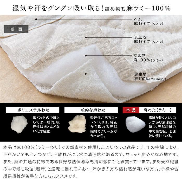 麻 フランスリネン 敷きパッド ベッドパッド クイーン/クィーン 両面使えるリバーシブル 春用 夏用 秋用 裏面は綿100％パイル 洗える本麻敷きパット 中綿も麻100％（ラミー） ひんやり シーツ タオル地 敷パット 日本製