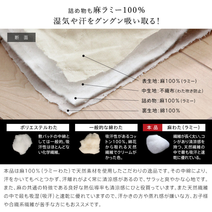 麻 敷きパッド ラミー シングル 夏用 洗える麻敷きパット 麻100％生地（ラミー）＆中綿麻100％（ラミー） 裏生地綿100％ ひんやり 麻シーツ 敷パット 涼感