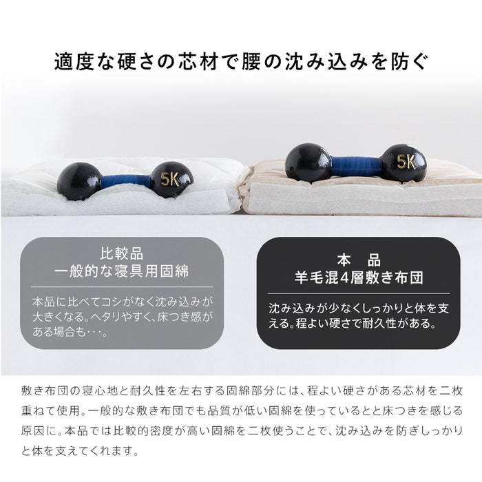 敷布団 シングル 羊毛混 ウール 四層 セミダブル ダブル 敷き布団 フランスウール プレミアムウール 天然の エアコン 軽い 軽量 羊毛敷布団 四層敷布団 4層 固綿 羊毛布団 羊毛 ウール混 日本製