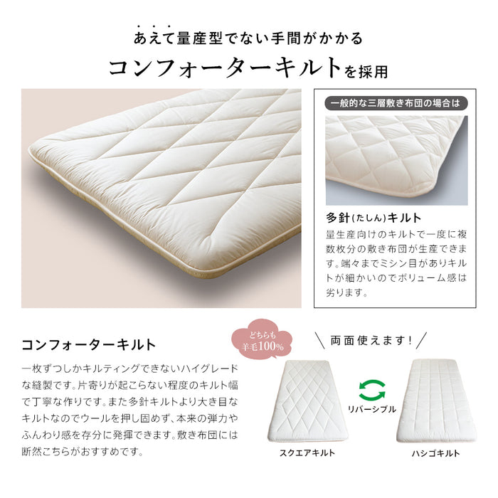 敷布団 羊毛 ウール 100% 三層 敷き布団 極厚 厚手タイプ フランスウール 羊毛敷布団 三層敷布団 3層 羊毛布団 日本製