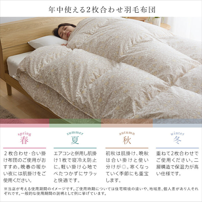 2枚合わせ羽毛布団 ホワイトダウン93％ 400dp 羽毛 洗える 羽毛布団 デュエット ホワイトダックダウン93％ オールシーズン 合い掛け 肌掛け ダウンケット 日本製 2枚合せ