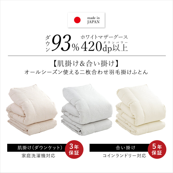 2枚合わせ羽毛布団 マザーグース 羽毛 洗える 羽毛布団 デュエット マザーホワイトグースダウン93％ 420dp グース オールシーズン 合い掛け 肌掛け ダウンケット 日本製 2枚合せ