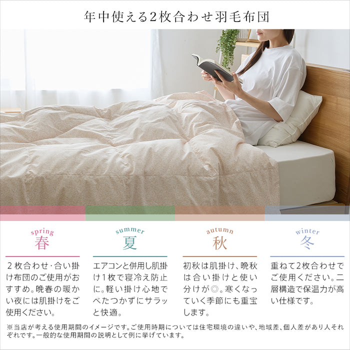 2枚合わせ羽毛布団 マザーグース 羽毛 洗える 羽毛布団 デュエット マザーホワイトグースダウン93％ 420dp グース オールシーズン 合い掛け 肌掛け ダウンケット 日本製 2枚合せ