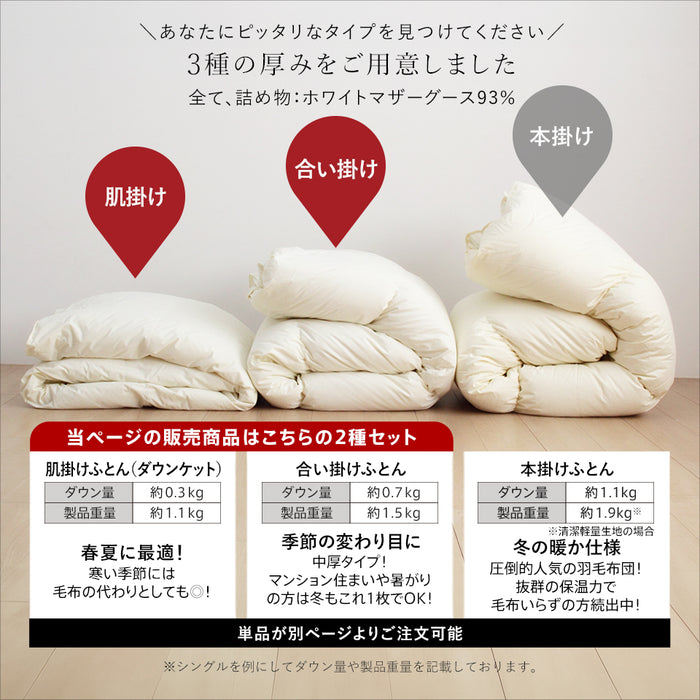 2枚合わせ羽毛布団 マザーグース 羽毛 洗える 羽毛布団 デュエット マザーホワイトグースダウン93％ 420dp グース オールシーズン 合い掛け 肌掛け ダウンケット 日本製 2枚合せ