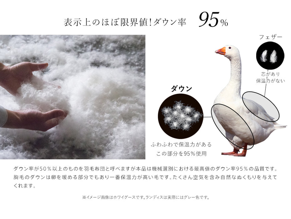 羽毛布団 二層式 ダブル ランディスマザーグース95％ マザーグース 480dp 柔らか軽量生地 二層キルト 暖かい 二層 ツインキルト 羽毛掛け布団 羽毛ふとん 日本製 プレミアムゴールドラベル