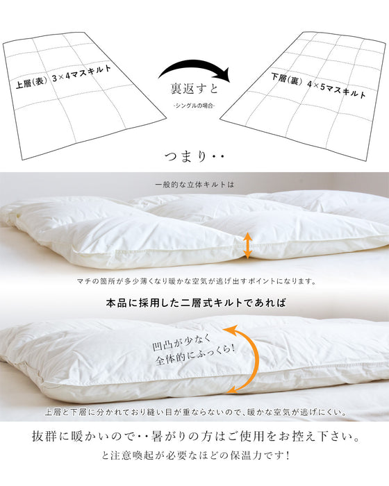 羽毛布団 二層式 シングル ランディスマザーグース95％ マザーグース 480dp 柔らか軽量生地 二層キルト 暖かい 二層 ツインキルト 羽毛掛け布団 羽毛ふとん 日本製 プレミアムゴールドラベル