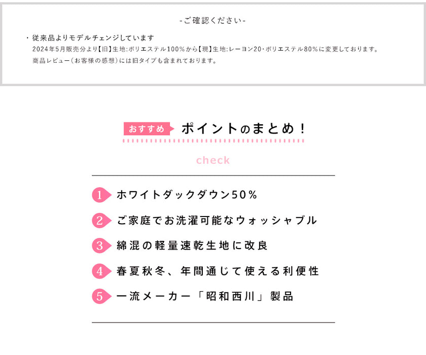 西川 羽毛肌掛け布団 ダウンケット 洗える ウォッシャブル シングル 春用 夏用 秋用 ホワイトダウン50％ 0.25kg入り ダウンケット 羽毛肌掛けふとん 羽毛布団 羽毛ふとん 昭和西川