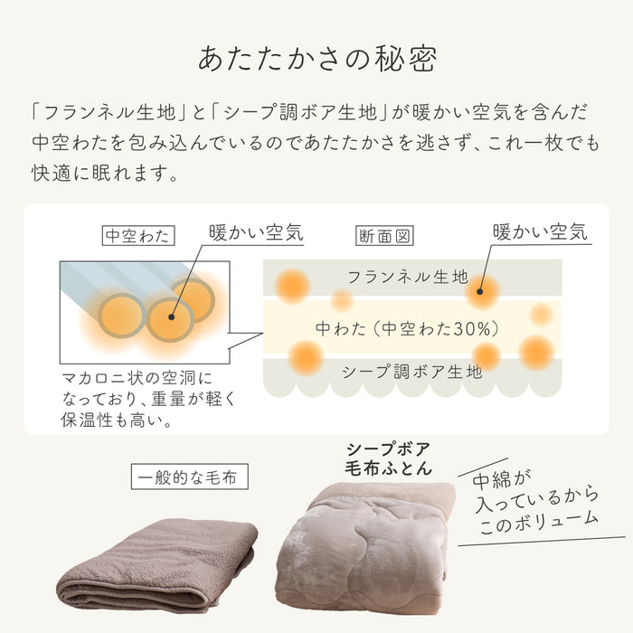 シープボア 毛布ふとん  掛け布団 シングル セミダブル ダブル フランネル シープ調 中空わた 丸洗いOK ふんわり なめらか 春用 秋用 冬用 3層構造 掛けふとん 掛布団