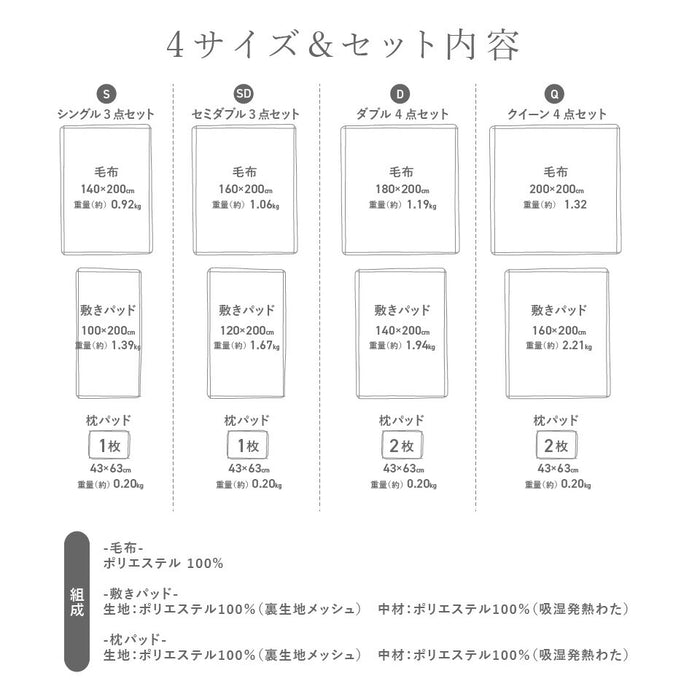 長毛フランネル 毛布/敷きパッド/枕パッド オールセット シングル 冬用 セミダブル ダブル クイーン あったか ニューマイヤー 柔らか 軽い 暖かい なめらか ロングパイル 洗える
